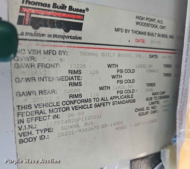 image for item DQ1093 1993 Thomas Built Saf-T-Liner  school bus