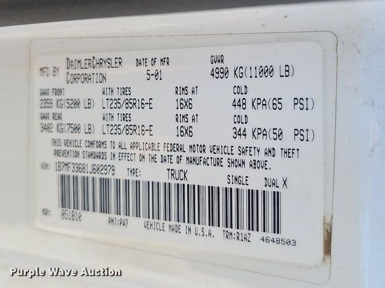 image for item DQ1099 2001 Dodge Ram 3500  Quad Cab pickup truck