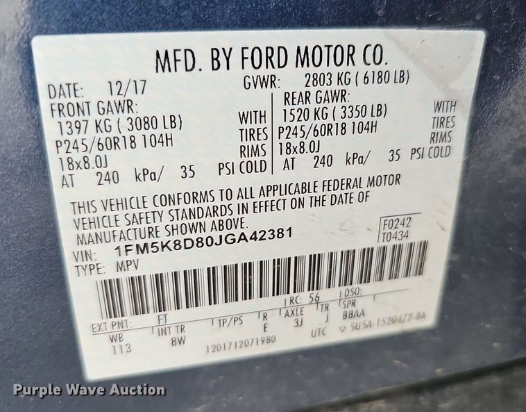 image for item DQ1100 2018 Ford Explorer XLT  SUV