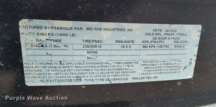 image for item KB9383 2022 Belshe  tilt deck utility trailer