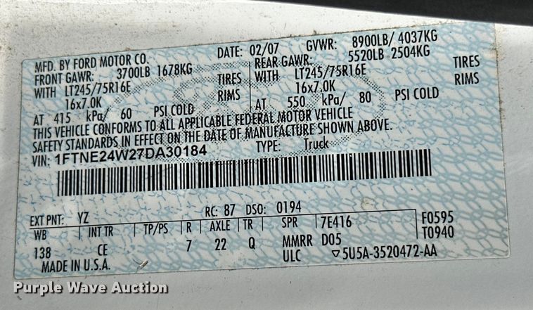 image for item KT9358 2007 Ford E250  van