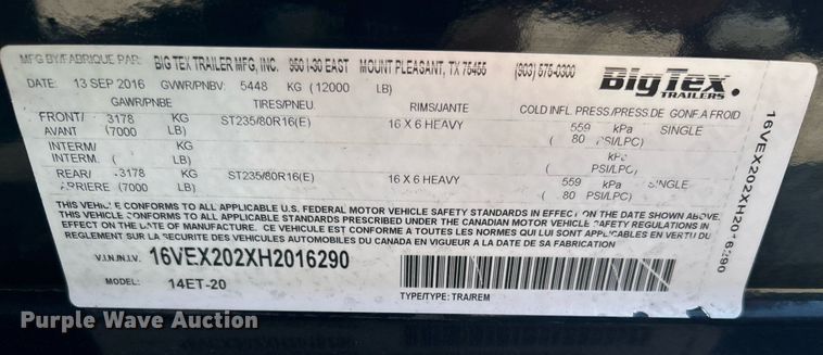 image for item KW9027 2017 Big Tex  equipment trailer with generator