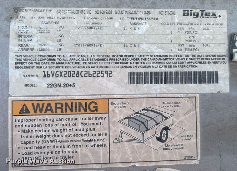 image for item KW9107 2012 Big Tex 22GN-20+5 equipment trailer