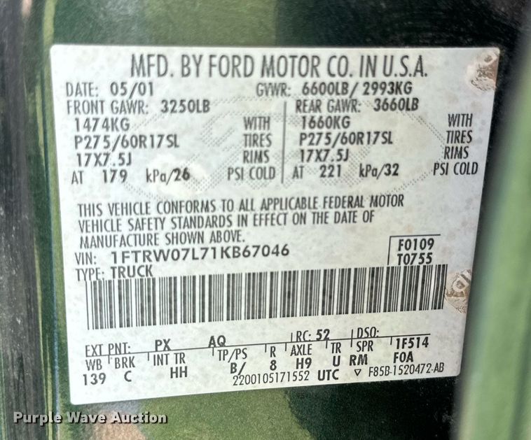 image for item KX9759 2001 Ford F150  SuperCrew pickup truck