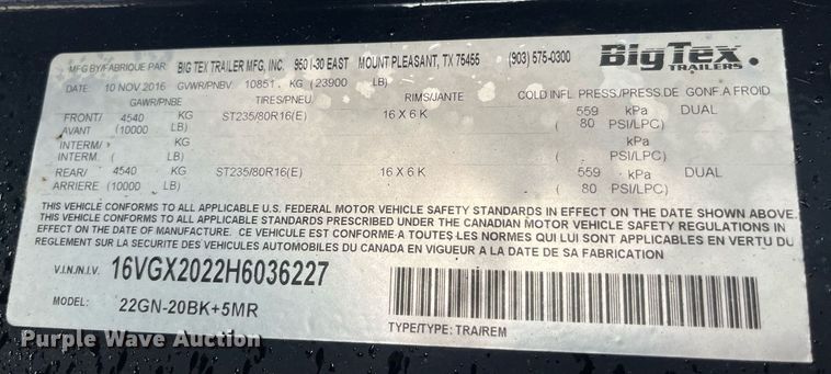 image for item MG9468 2016 Big Tex 22GN-20BK+5MR equipment trailer