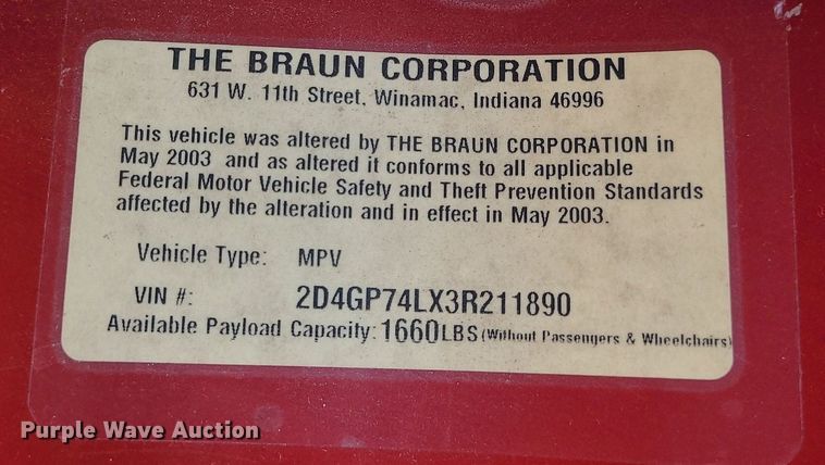 image for item MJ9351 2003 Dodge Grand Caravan EX  handicap accessible van