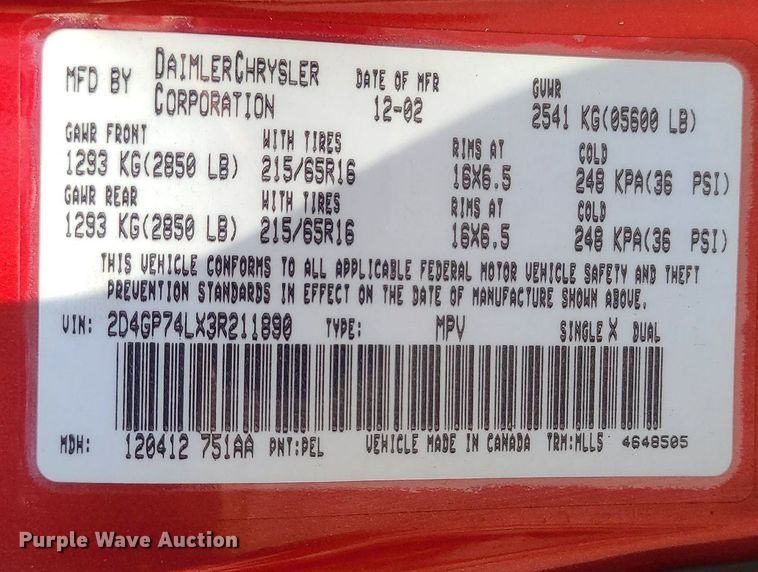 image for item MJ9351 2003 Dodge Grand Caravan EX  handicap accessible van