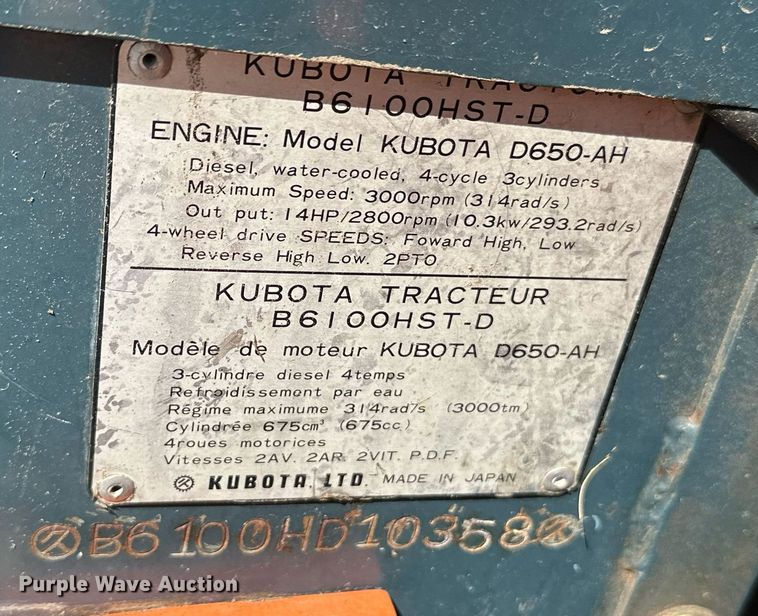 image for item NF9158 Kubota B6100 HST-D  MFWD tractor