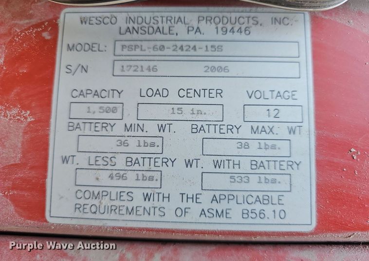 image for item NJ9764 2006 Wesco PSPL60242415S  platform lift