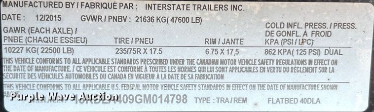 image for item NL9642 2016 Interstate 40DLA  equipment trailer