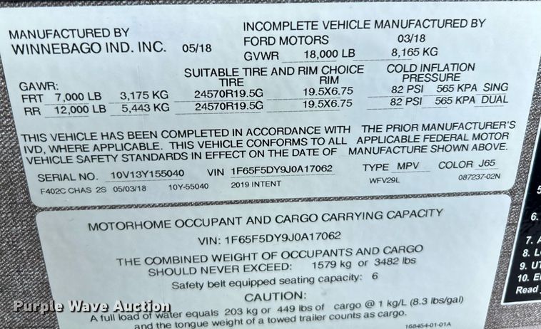 image for item NQ9796 2018 Winnebago Intent RV