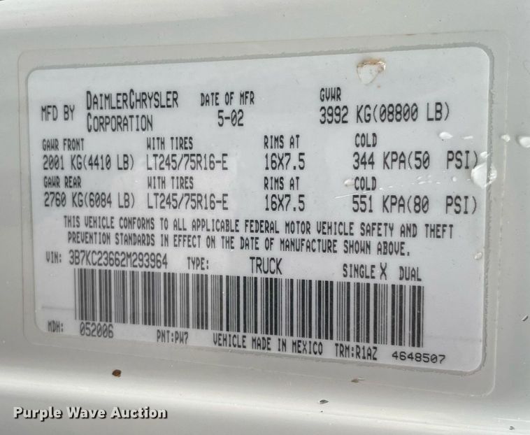 image for item NY9823 2002 Dodge Ram 2500  Quad Cab pickup truck