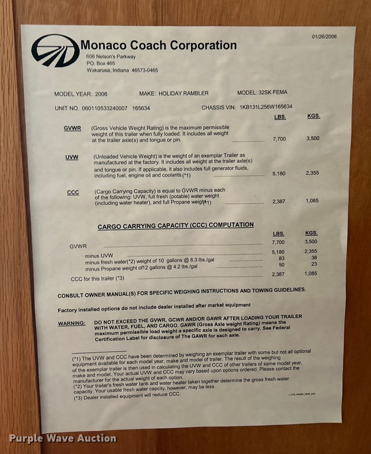 image for item OK9666 2006 Monaco Coach Holiday Rambler  camper