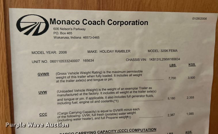 image for item OK9666 2006 Monaco Coach Holiday Rambler  camper