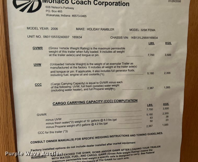 image for item OK9666 2006 Monaco Coach Holiday Rambler  camper