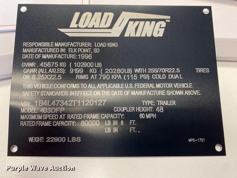 image for item DN8671 1996 Load King 403DFP  lowboy equipment trailer