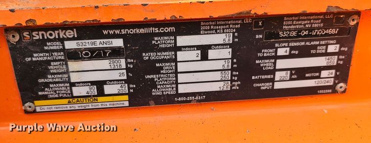 image for item DQ1107 2017 Snorkel S3219E  scissor lift