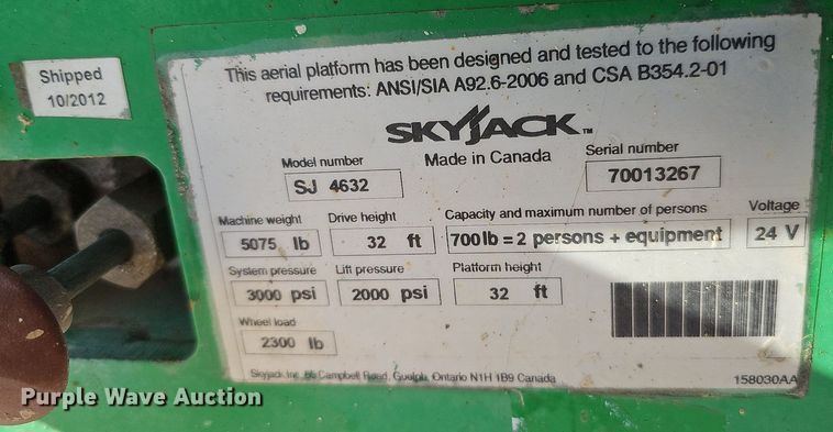 image for item DQ1167 2012 Skyjack SJIII 4632  scissor lift