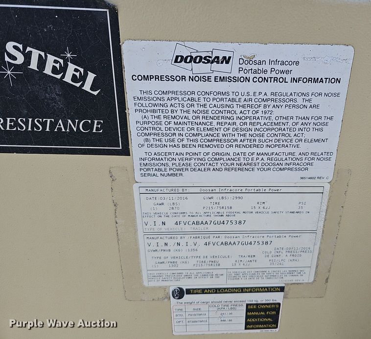 image for item DQ1168 2016 Doosan P185WDO-TF  air compressor