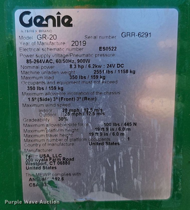image for item DQ1169 2019 Genie GR-20  vertical lift