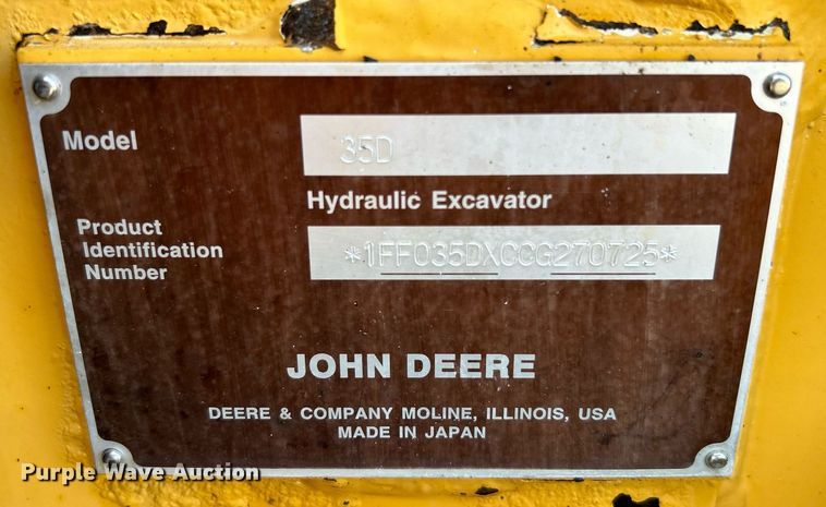 image for item KW9033 2013 John Deere 35D  mini excavator