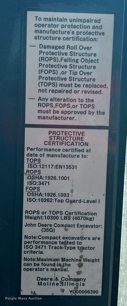 image for item KW9061 2016 John Deere 35G  mini excavator