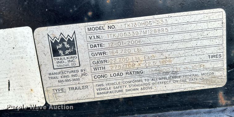 image for item KW9082 2007 Trail King TK13OHDG-533  lowboy equipment trailer