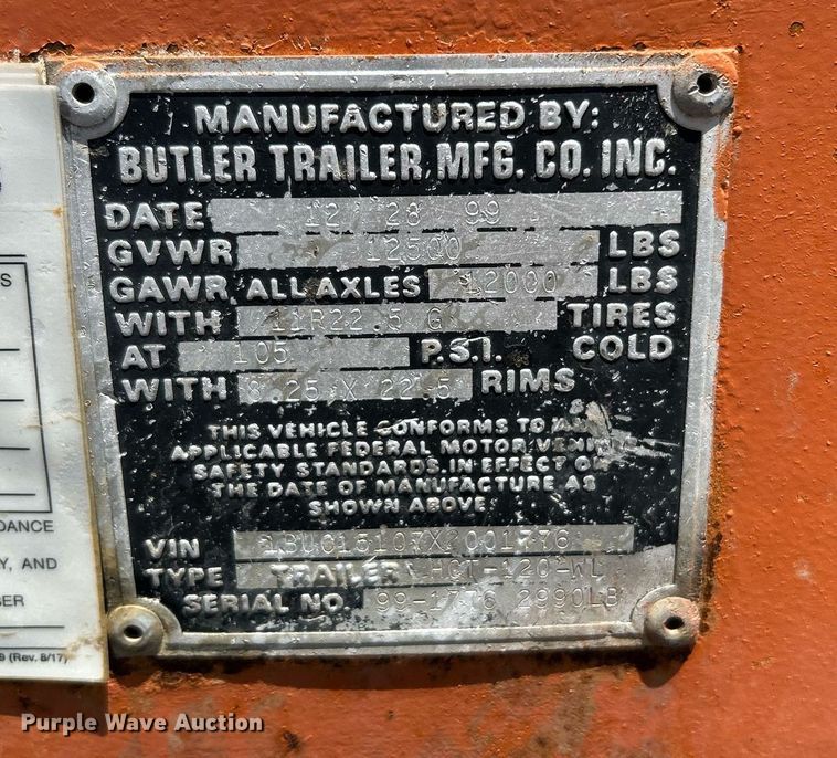 image for item KW9153 1999 Butler Trailer Mfg HCT-120-WL  reel trailer