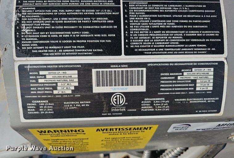 image for item MH9343 Intertek Frost Fighter Inc. IDF500 LP/NG  heater