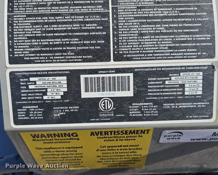 image for item MH9345 Intertek Frost Fighter Inc. IDF5000 LP/NG  heater