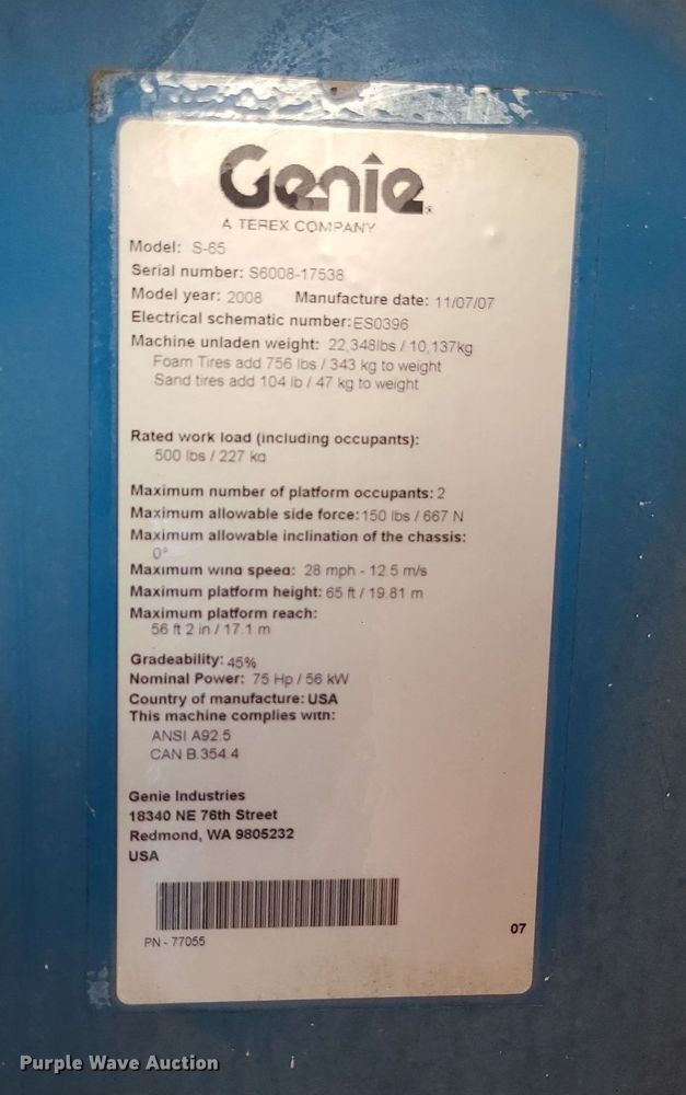 image for item MJ9315 2008 Genie S-65  boom lift