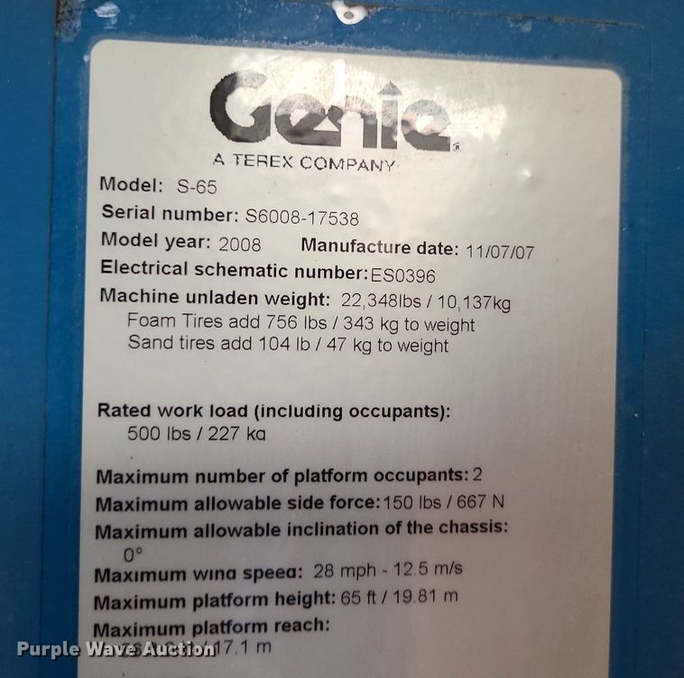 image for item MJ9315 2008 Genie S-65  boom lift