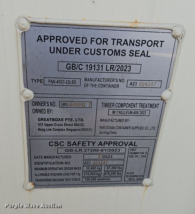 image for item OG9326 2023 Great Box PTE High Cube  shipping container