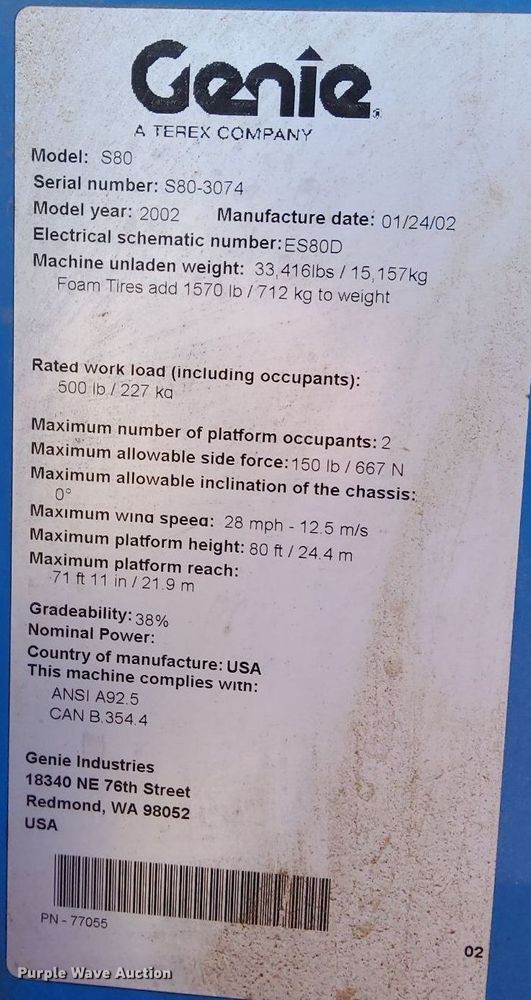 image for item OG9337 2002 Genie S80  boom lift