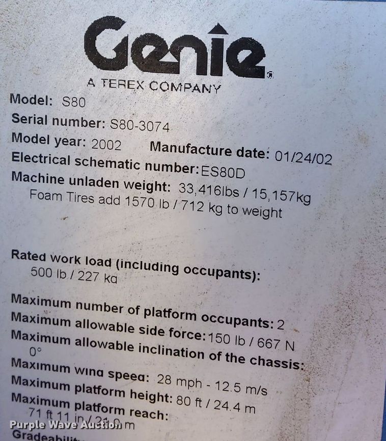 image for item OG9337 2002 Genie S80  boom lift