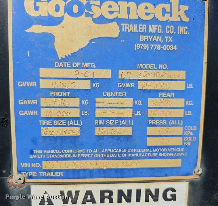 image for item OG9412 2007 Gooseneck A10A2  equipment trailer