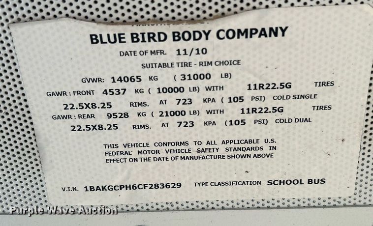 image for item DJ6303 2012 Blue Bird Vision  school bus