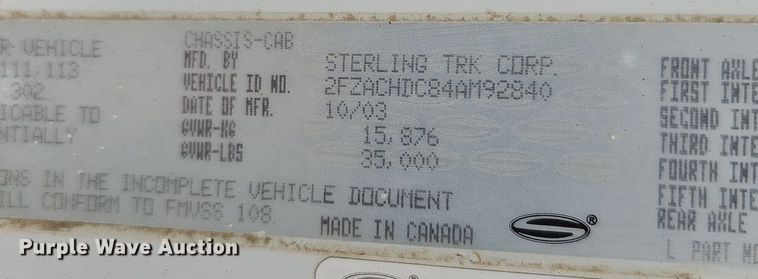 image for item DQ0295 2004 Sterling Acterra  dump truck
