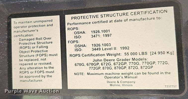 image for item DQ1114 2010 John Deere 672G  motor grader