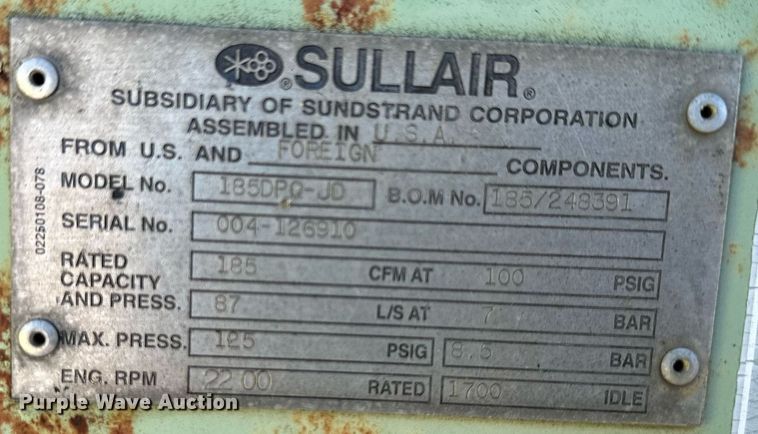 image for item DS2232 Sullair 185DPQ-JD  air compressor