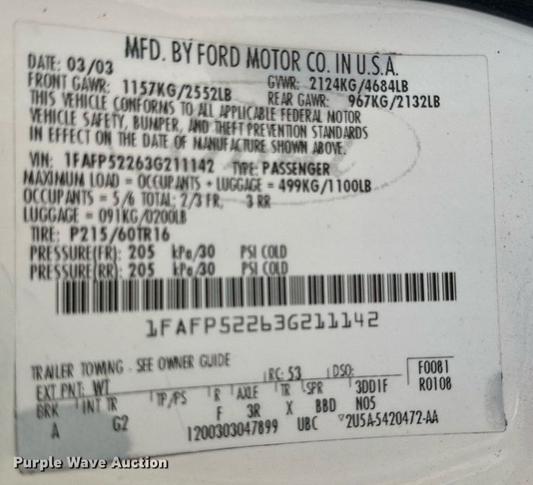 image for item DV1032 2003 Ford Taurus LX