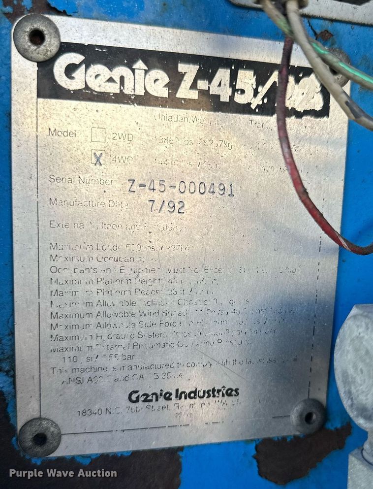 image for item DV1036 1992 Genie Z-45/22  boom lift