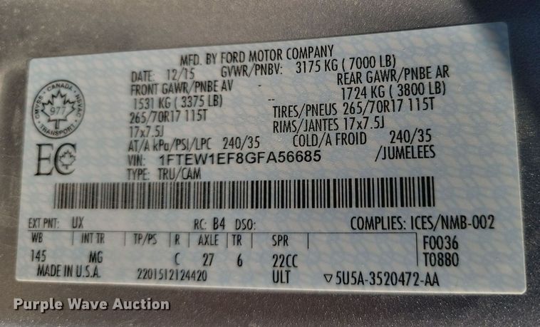 image for item JE9559 2016 Ford F150 XLT  SuperCrew pickup truck