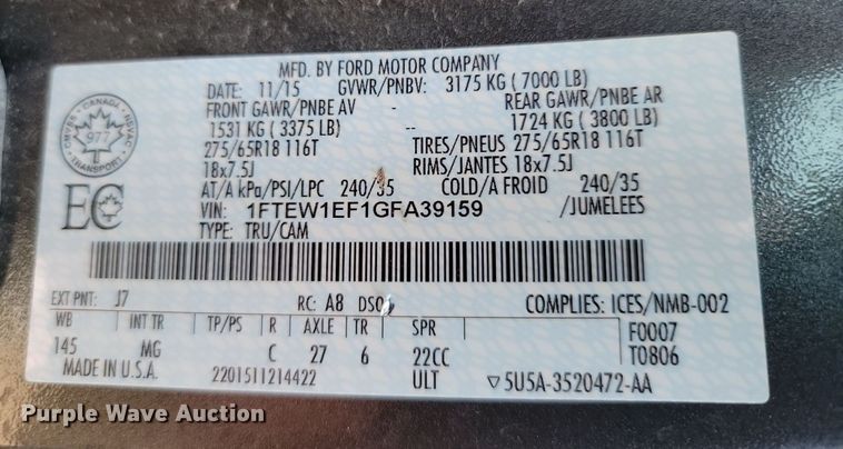 image for item JE9560 2016 Ford F150 XLT  SuperCrew pickup truck