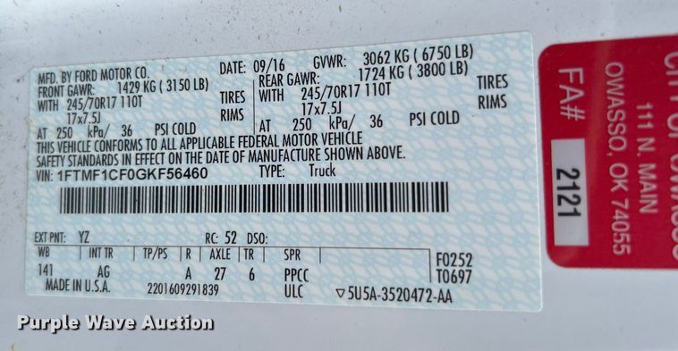 image for item KH9486 2016 Ford F150  pickup truck