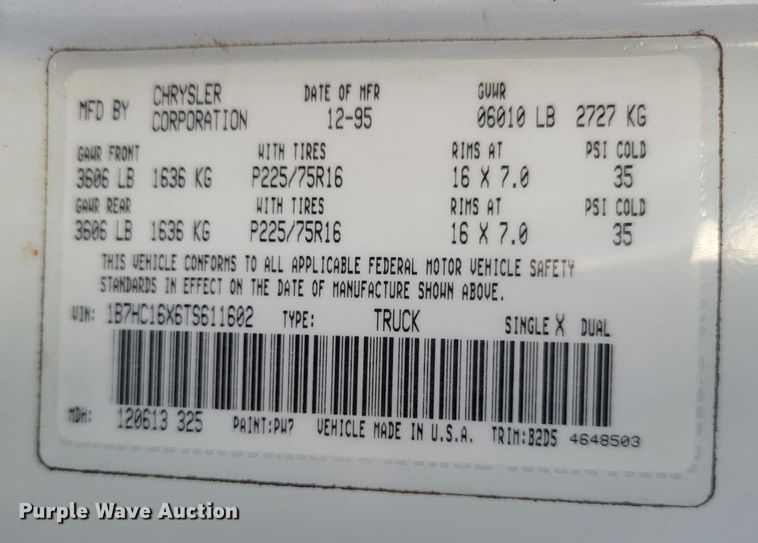 image for item KS9221 1996 Dodge Ram 1500  pickup truck