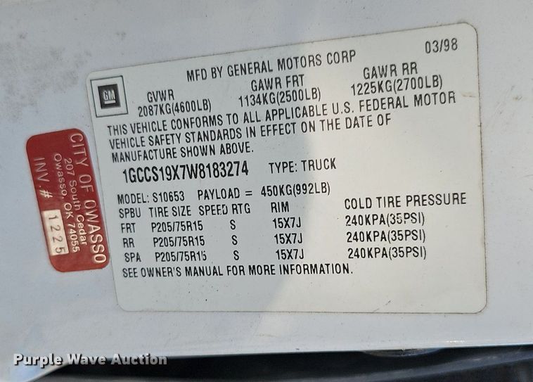 image for item LE9736 1998 Chevrolet S10  Ext. Cab pickup truck