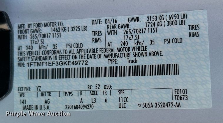 image for item LE9749 2016 Ford F150  pickup truck