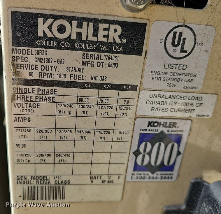 image for item LE9754 Kohler 60RZG  generator