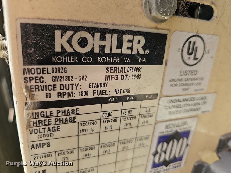 image for item LE9754 Kohler 60RZG  generator